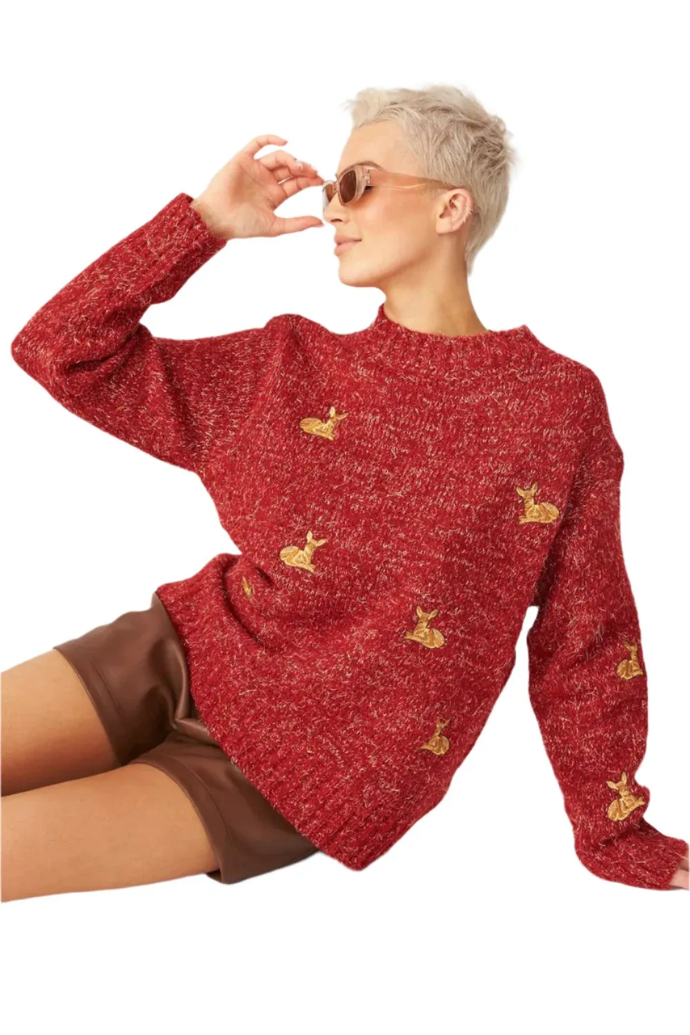 Sustainable Christmas Jumper with Red Glitter Deer Embroidery