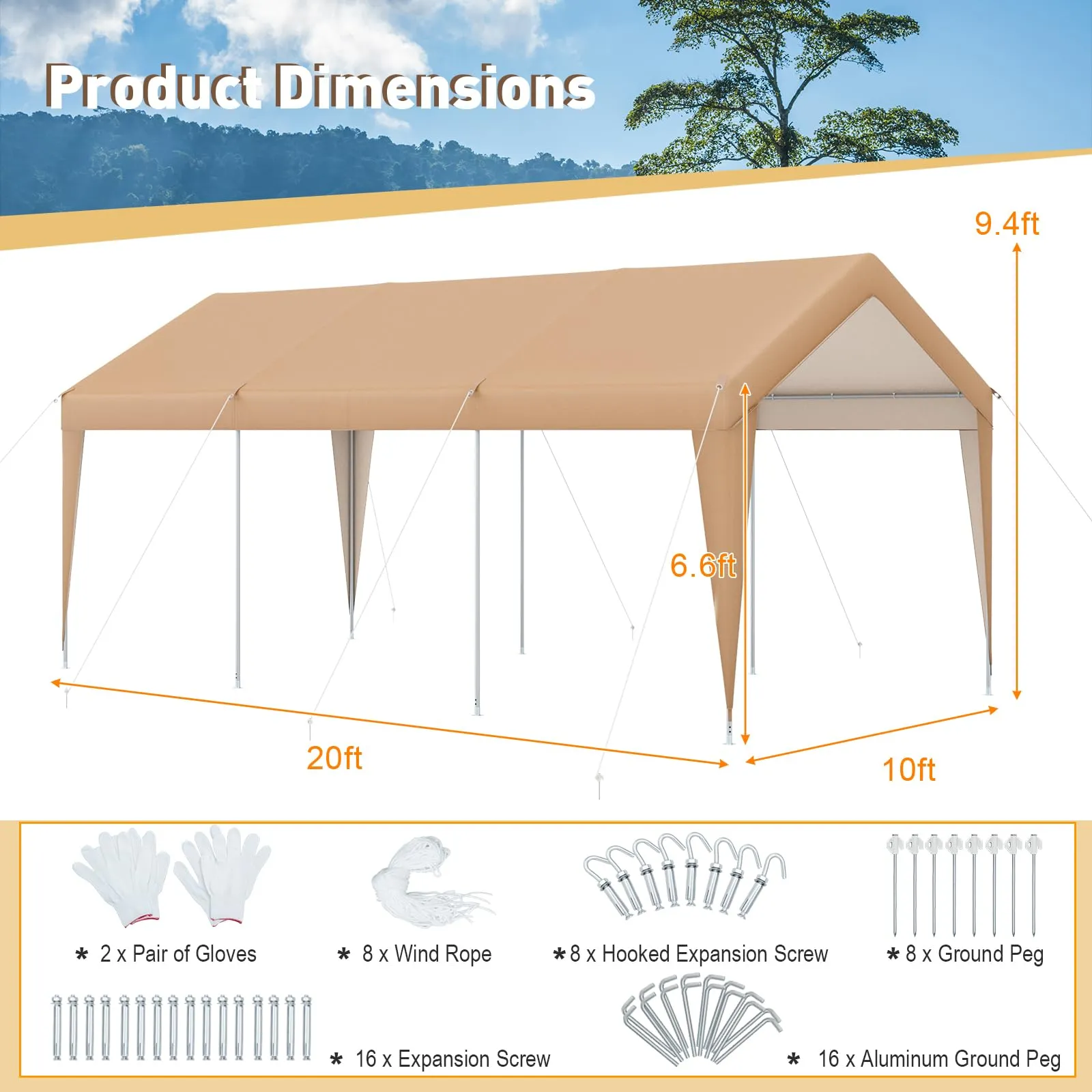 Tangkula 10 x 20 FT Heavy-Duty Carport, Portable Garage Tent Carport with Galvanized Steel Frame