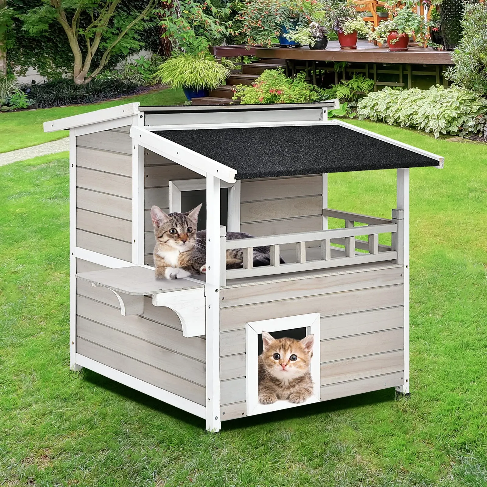 Tangkula 2-Story Outside Cat Shelter Condo Enclosure with Escape Door