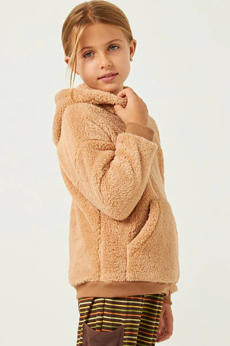 Teddi Fuzzy Tan Pullover Hooded Sweatshirt Jacket with Pockets S-XL