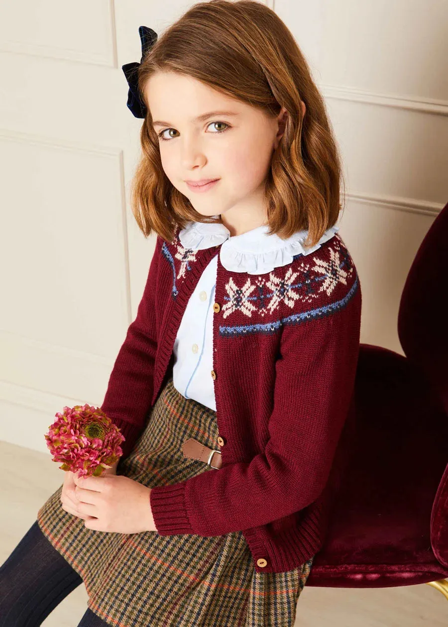 The Classic Burgundy Fair Isle Knitted Cardigan Girl Look