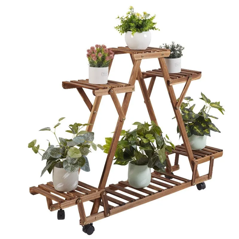 Triangular Plant Stand - 6 Tier Wood Plant Display With Wheels