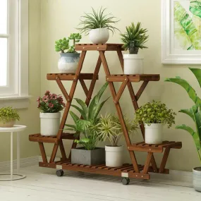 Triangular Plant Stand - 6 Tier Wood Plant Display With Wheels