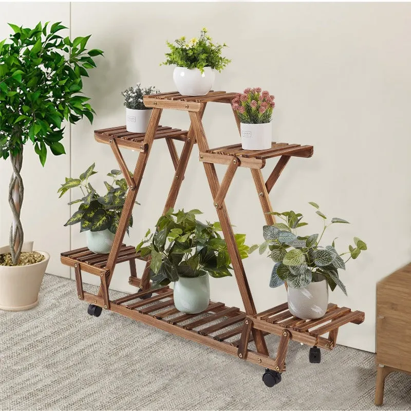 Triangular Plant Stand - 6 Tier Wood Plant Display With Wheels