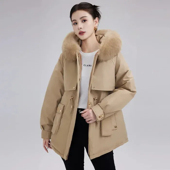 Winter New Fleece-lined Cotton Coat Women's Petite Waist-fitted Thickened Warm Big Collar Jacket Trendy Parkas