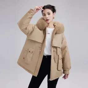 Winter New Fleece-lined Cotton Coat Women's Petite Waist-fitted Thickened Warm Big Collar Jacket Trendy Parkas