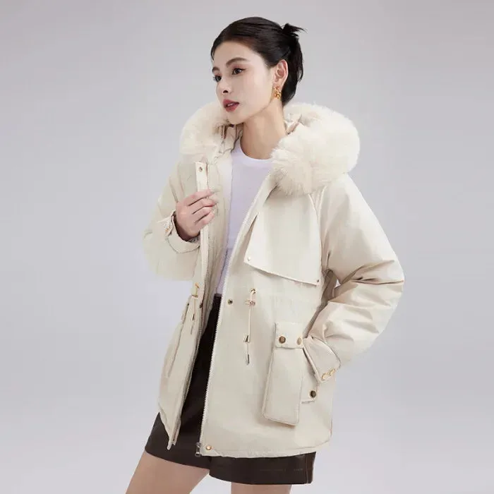 Winter New Fleece-lined Cotton Coat Women's Petite Waist-fitted Thickened Warm Big Collar Jacket Trendy Parkas