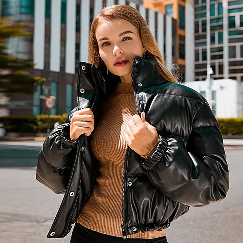 Winter Warm Thick PU Leather Coats Women's Short Parkas Fashion Black Cotton Padded Down Jacket With Elegant Zipper