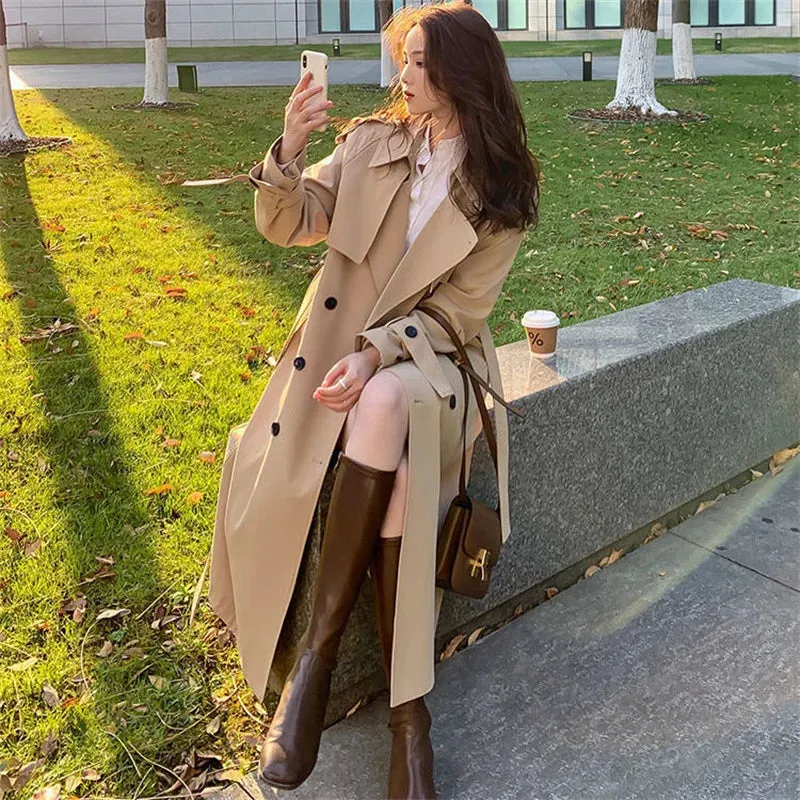 Wjczt Streetwear Loose Trench Coat Midi Length Fashion Korean Elegant Khaki Black Women's Windbreaker Coat Casual Double Breasted Tops