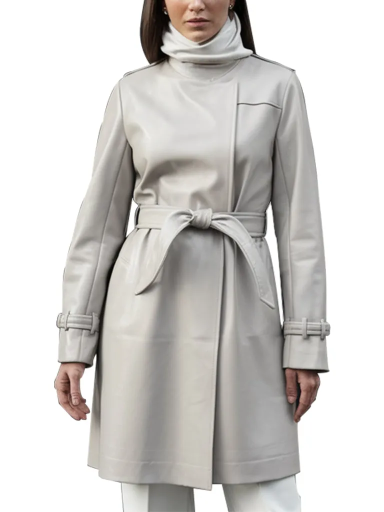 Women's Light Grey Belted Leather Trench Coat