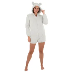 Womens Sherpa Fleece Hooded Romper Winter Casual Playsuit Grey