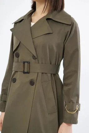 Women's Short Trench Coat with Chain Detail - Khaki - SCB-W12402