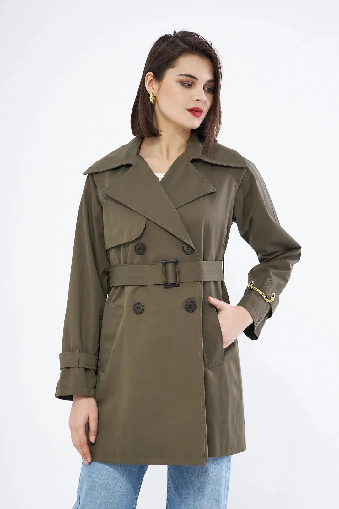 Women's Short Trench Coat with Chain Detail - Khaki - SCB-W12402