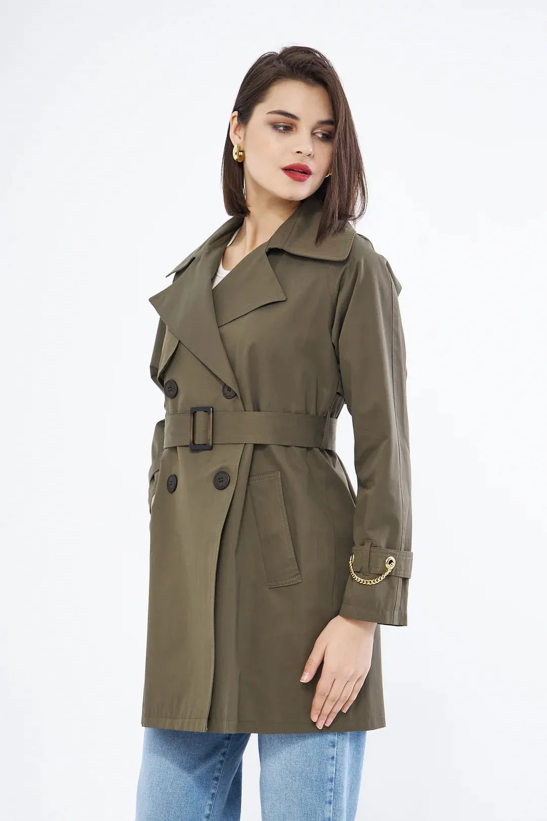 Women's Short Trench Coat with Chain Detail - Khaki - SCB-W12402