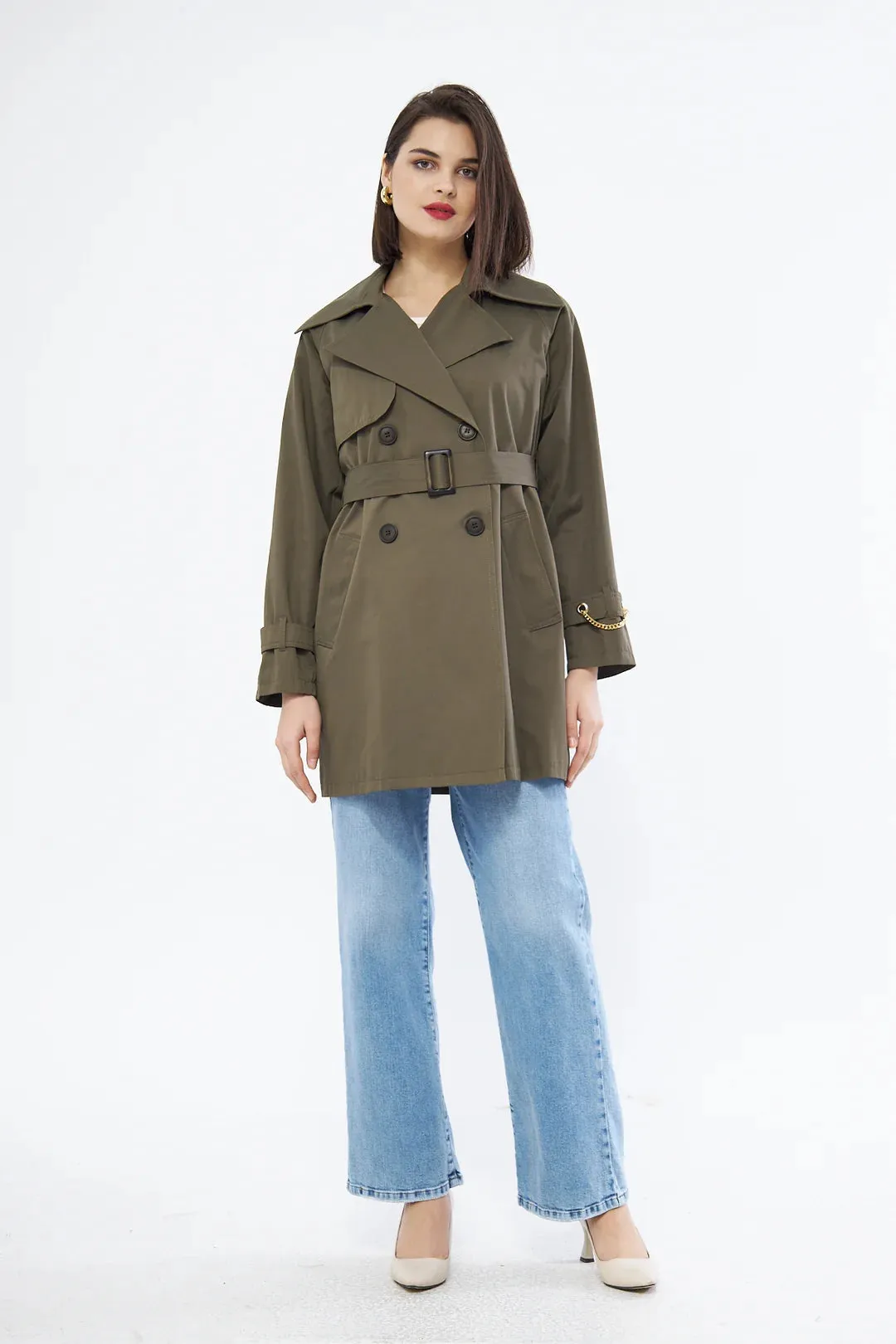 Women's Short Trench Coat with Chain Detail - Khaki - SCB-W12402