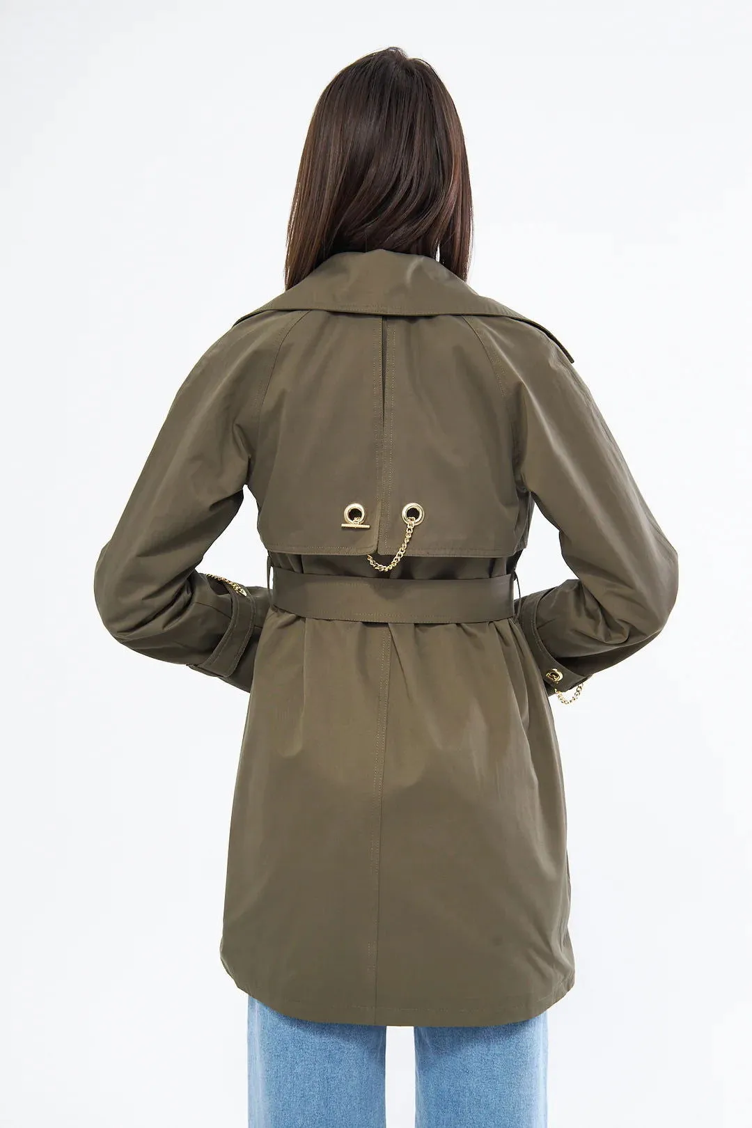 Women's Short Trench Coat with Chain Detail - Khaki - SCB-W12402