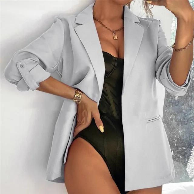 Yeknu New Women Autumn Blazer Jacket Fashion Basic Blazer Casual Solid Button Long Sleeve Work Suit Coat Office Lady Elegant Blazers