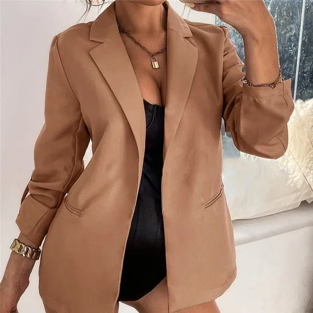 Yeknu New Women Autumn Blazer Jacket Fashion Basic Blazer Casual Solid Button Long Sleeve Work Suit Coat Office Lady Elegant Blazers